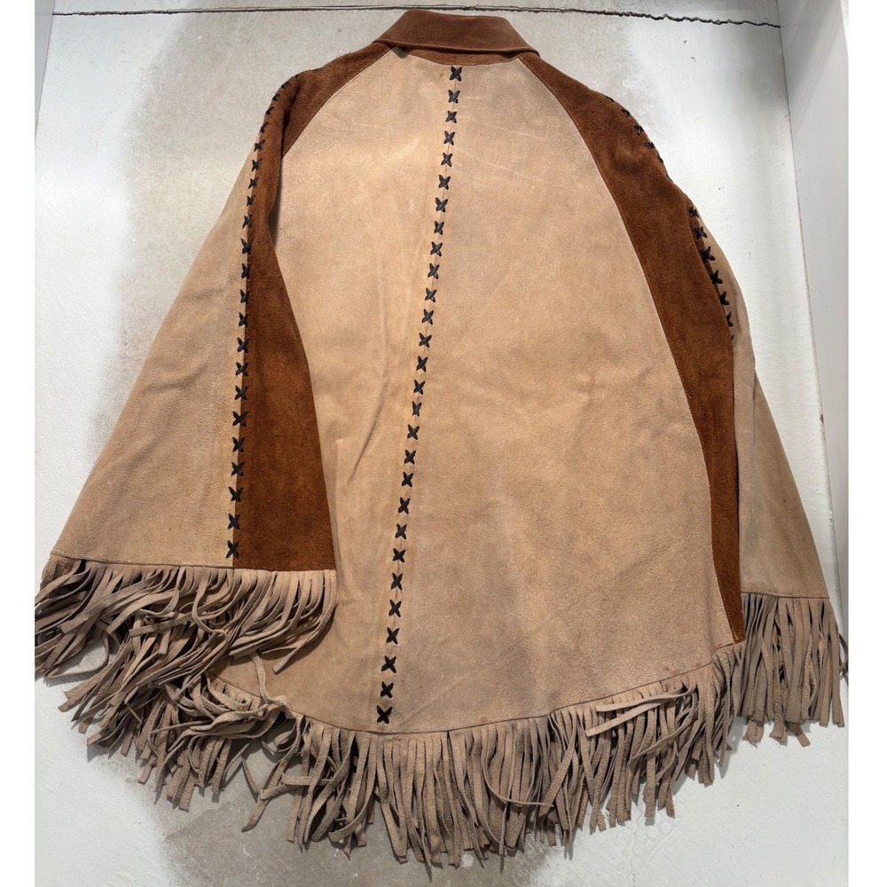 Vintage Suede Leather Fringe Poncho Cape Mexico Floral Cutout Brown Boho M L - Picture 2 of 8